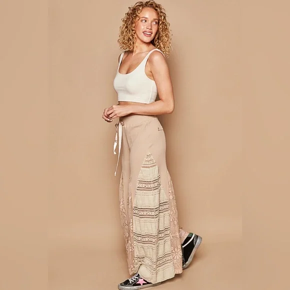 339. POL LAST 1! Wide Leg Pant & Lace Dress Top Tan Pull On Drawstring 2 Piece - Picture 5 of 6
